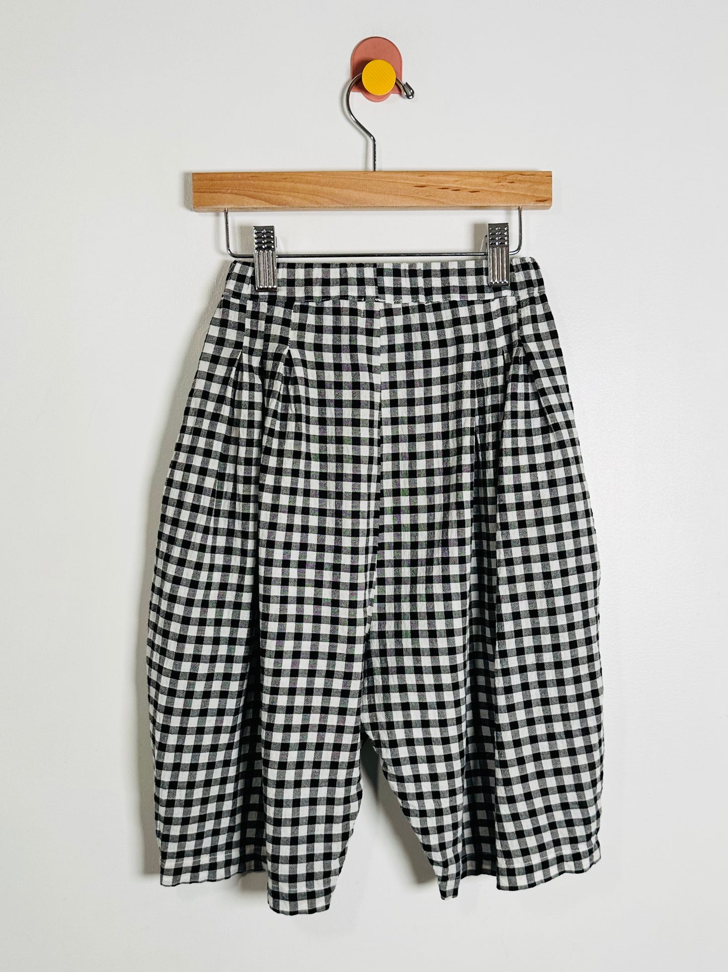 Black and white checkered pants on a hanger against a white background