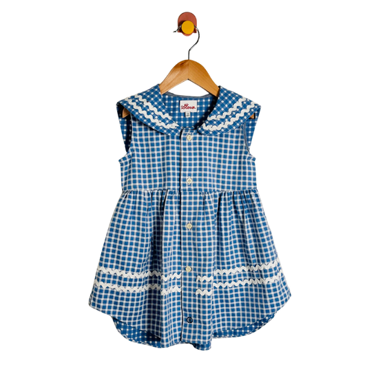 Blue checkered dress with white trim on a wooden hanger against a white background
