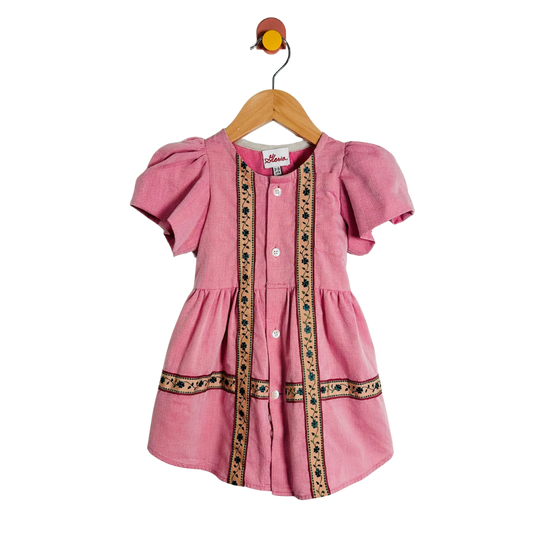 Pink dress with decorative elements on a hanger against a white background