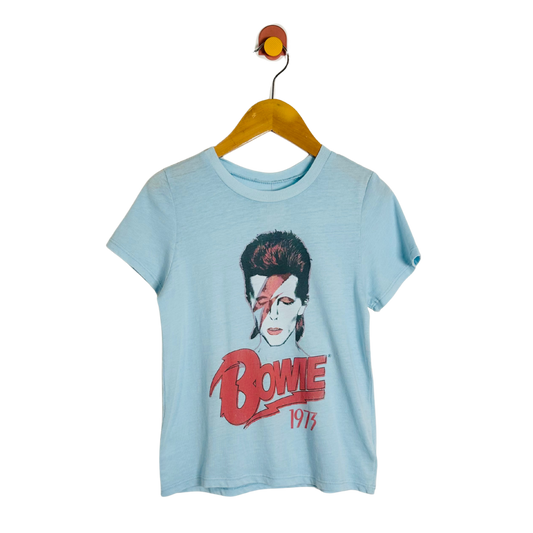 Light blue t-shirt with a graphic design of a face and 'Bowie 1973' text on a white background.