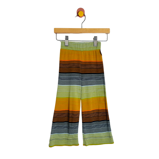 Colorful striped pants on a hanger with a white background