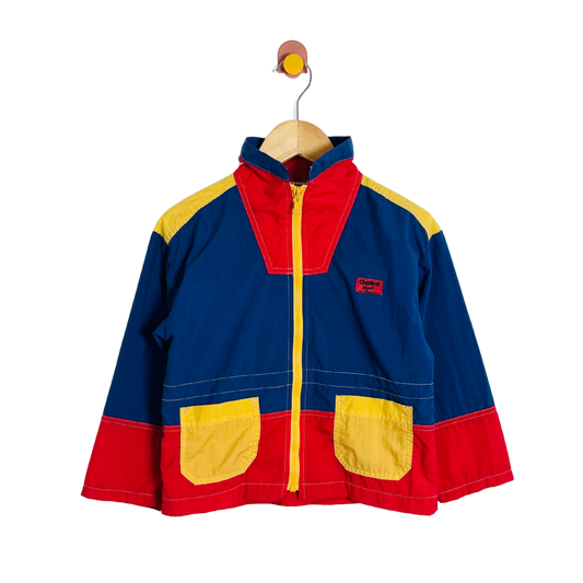 Colorful jacket with red, blue, and yellow sections on a white background