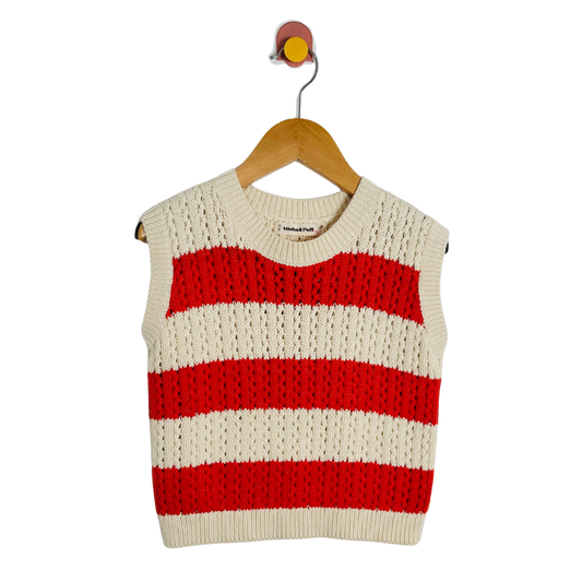 Red and white striped sweater vest on a hanger with a transparent background