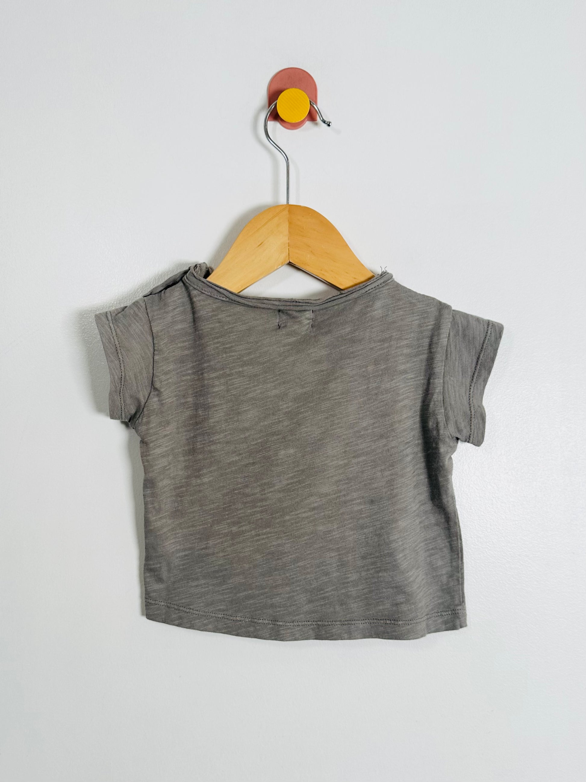 Gray t-shirt on a wooden hanger against a white background
