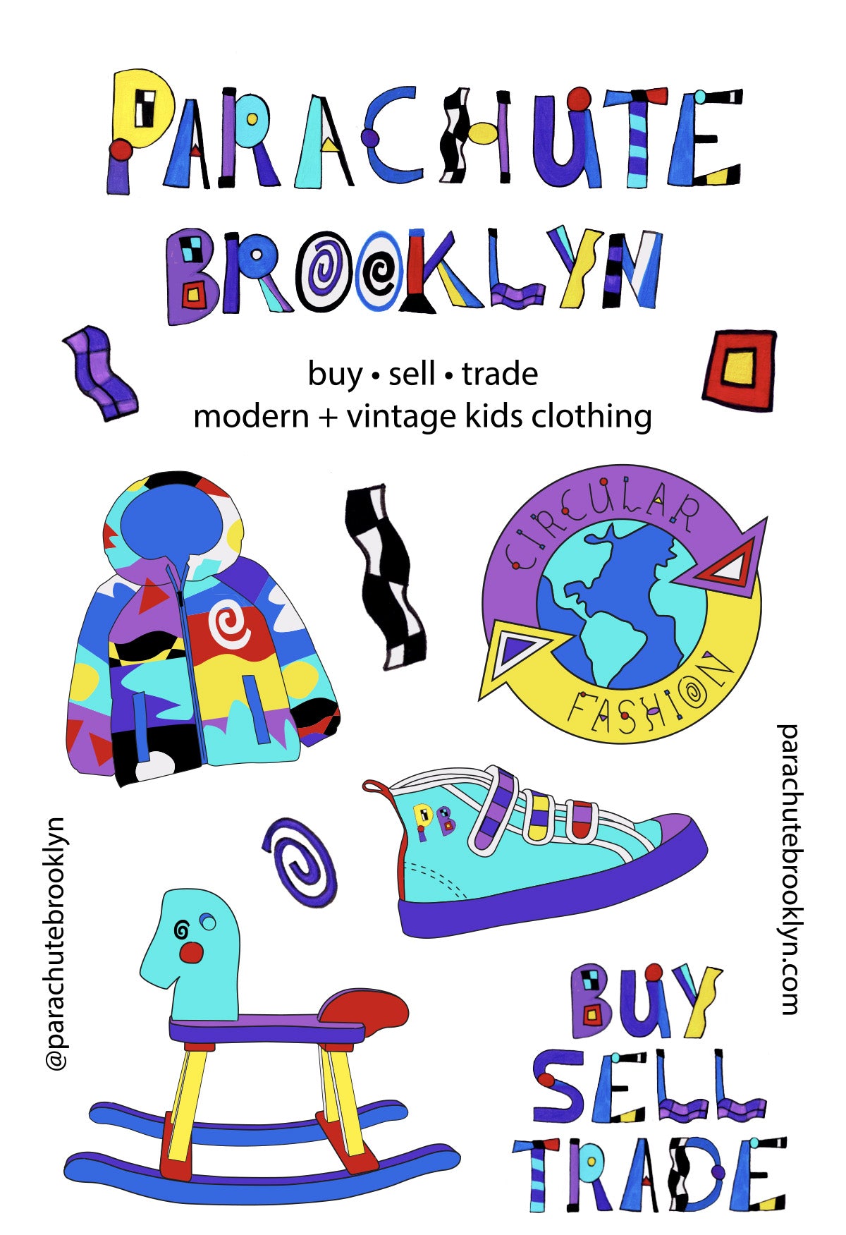 Parachute Brooklyn advertisement for kids' clothing with colorful illustrations and text.