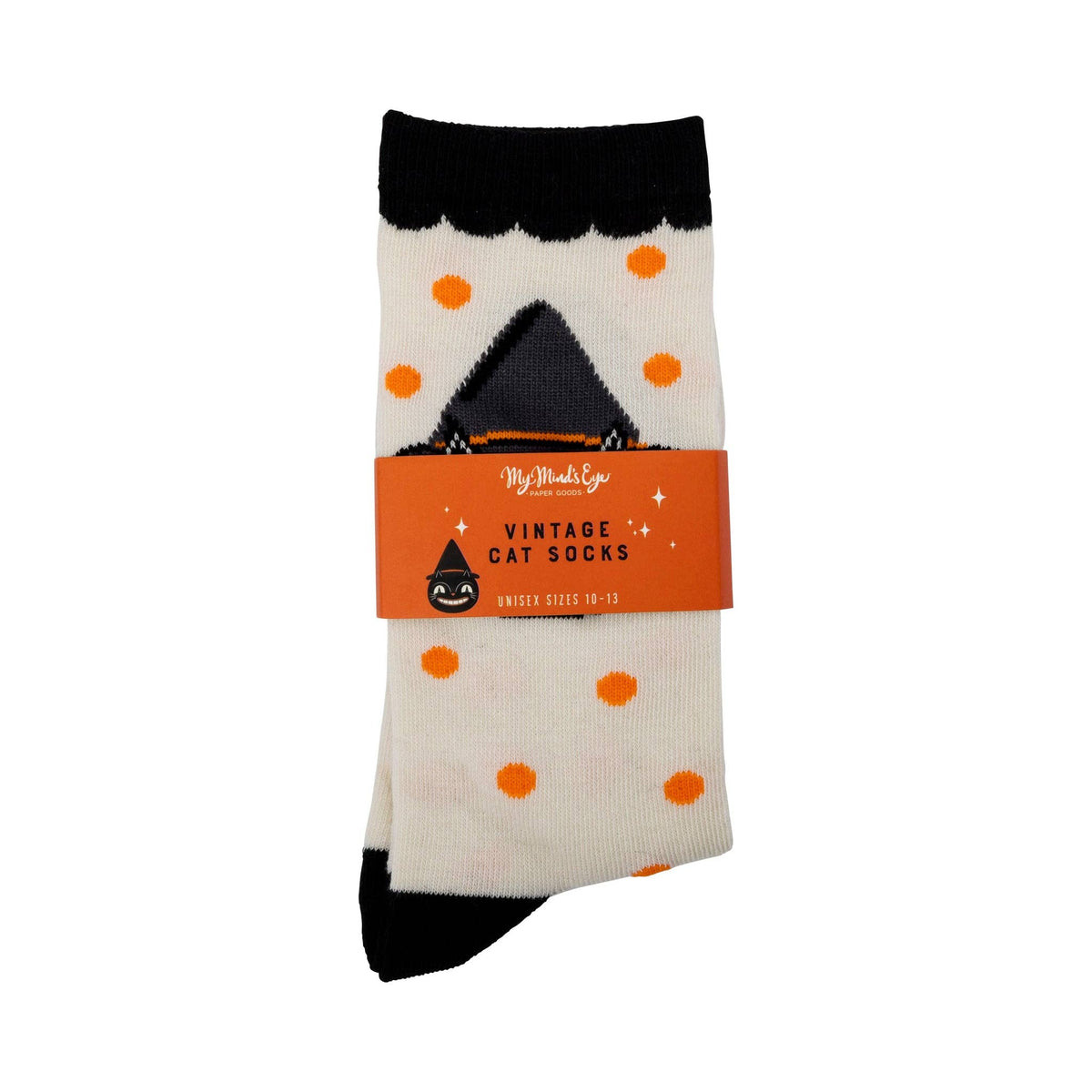 Cat-themed socks with orange polka dots on a white background