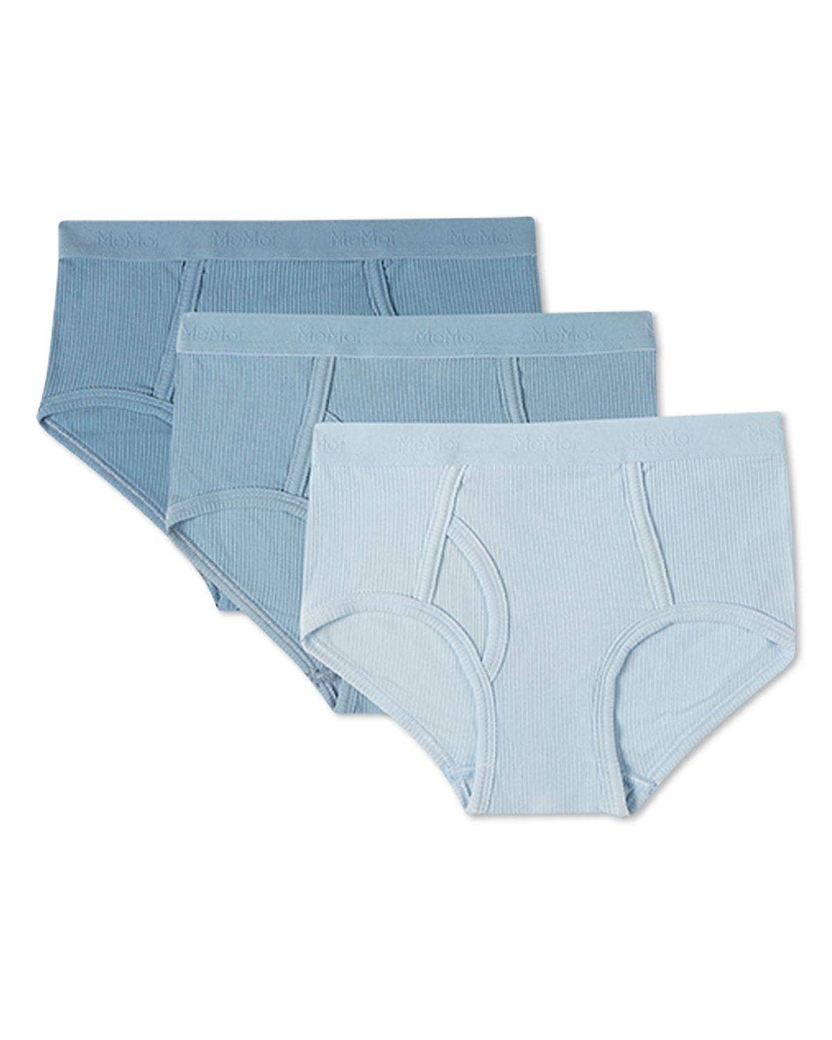 Three pairs of light blue underwear on a white background