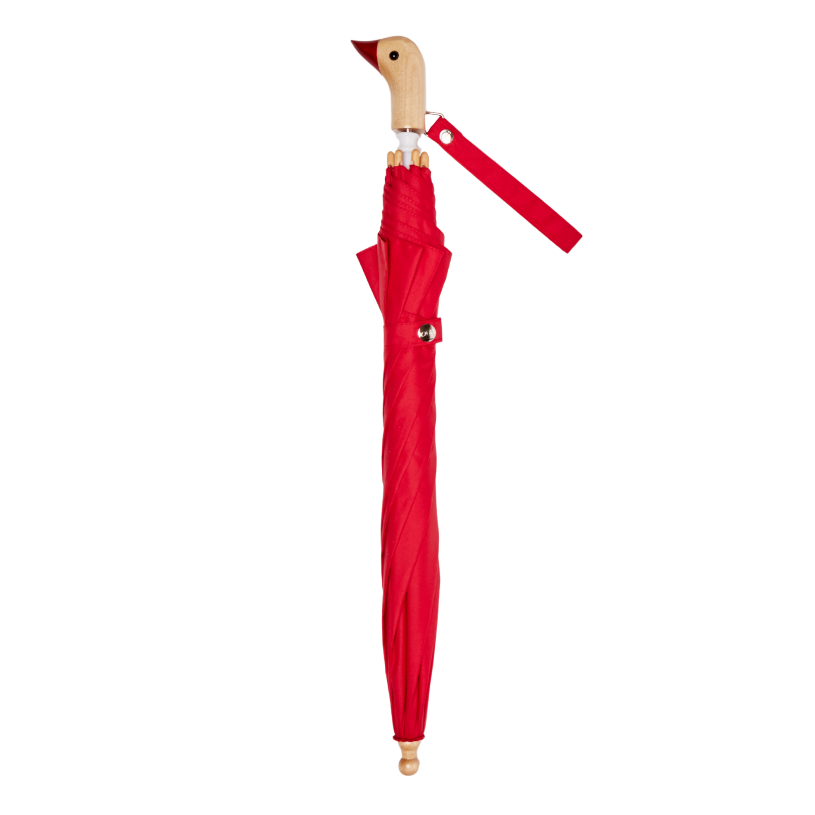 Red umbrella with a wooden handle on a white background