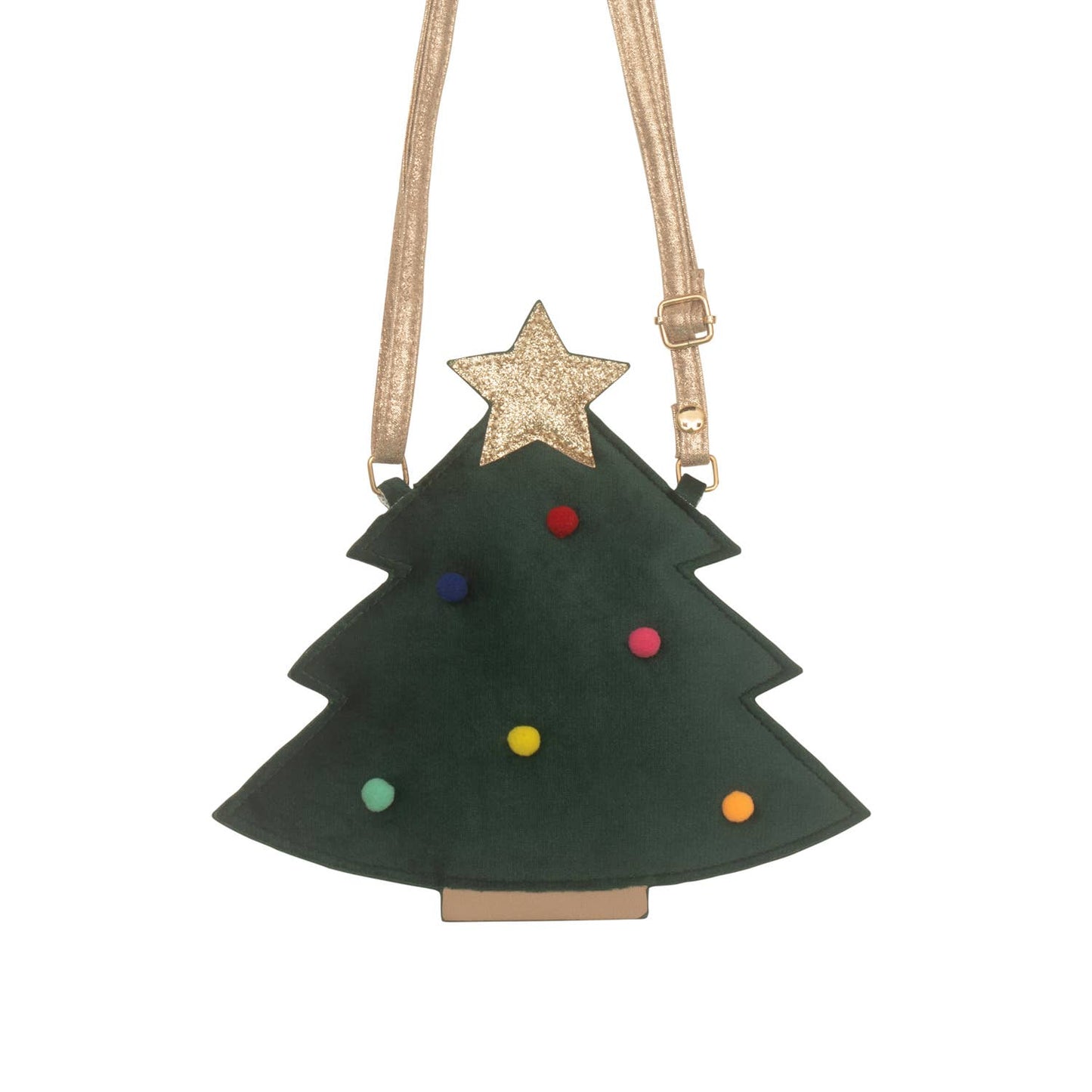 Christmas tree-shaped bag with colorful ornaments and a star on a white background