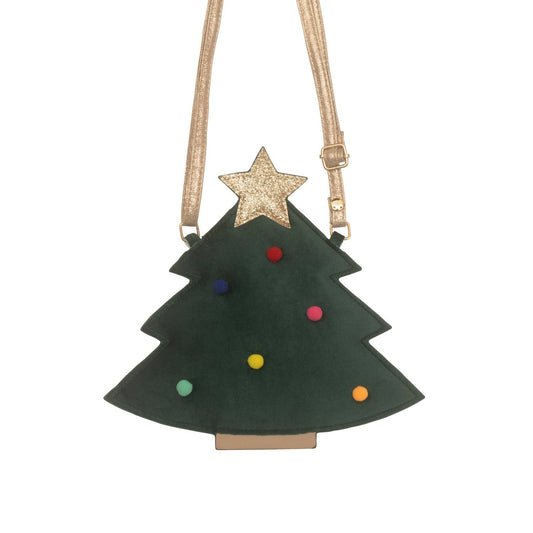 Christmas tree-shaped bag with colorful ornaments and a star on a white background