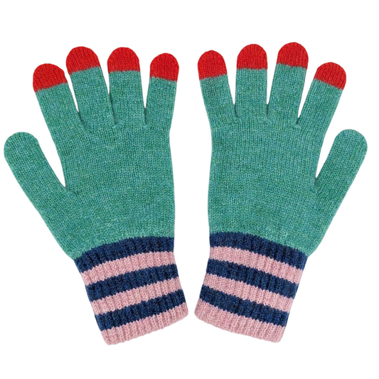 Pair of green gloves with red tips and striped cuffs on a white background
