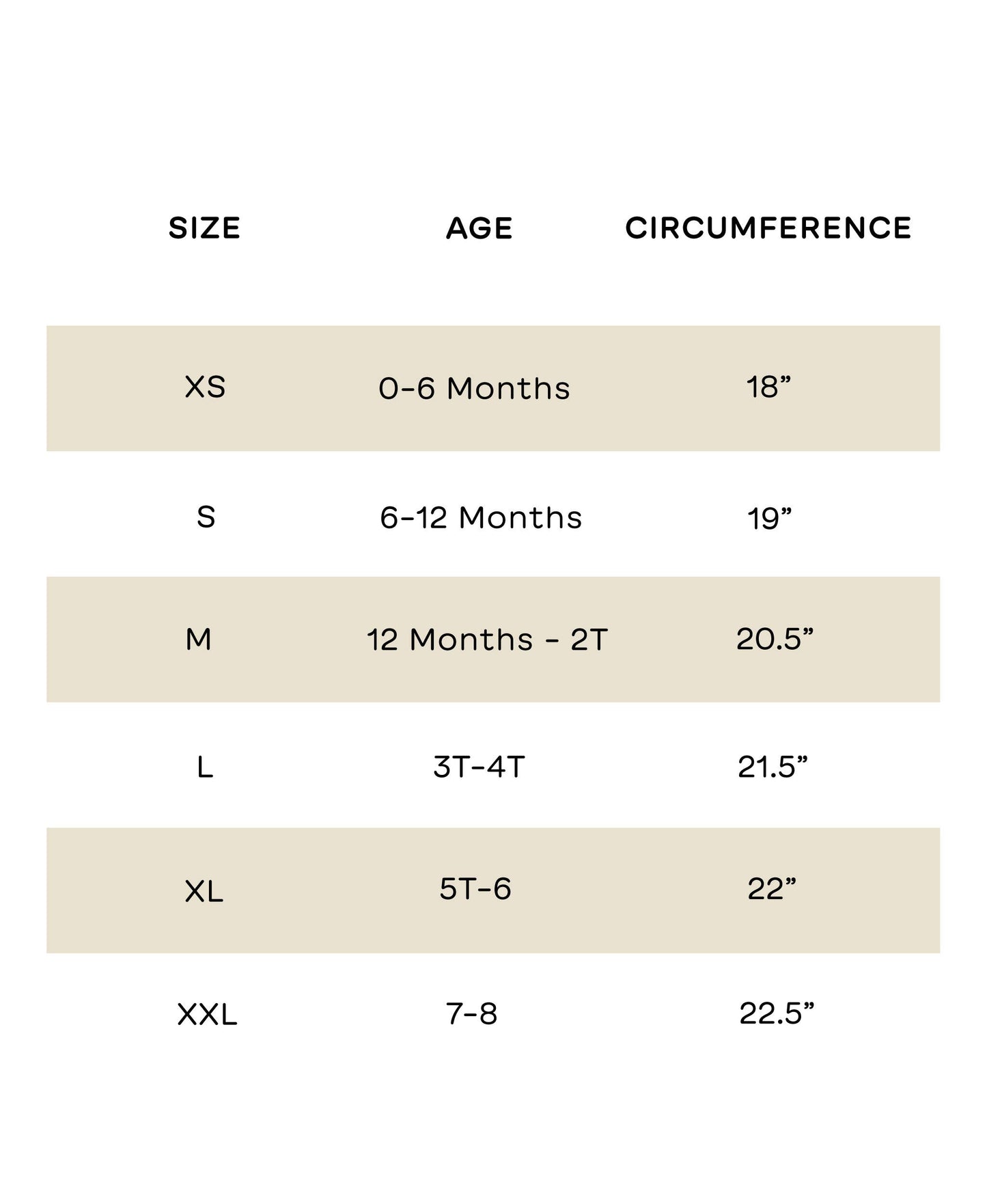 Size chart for children's clothing with size, age, and circumference measurements.