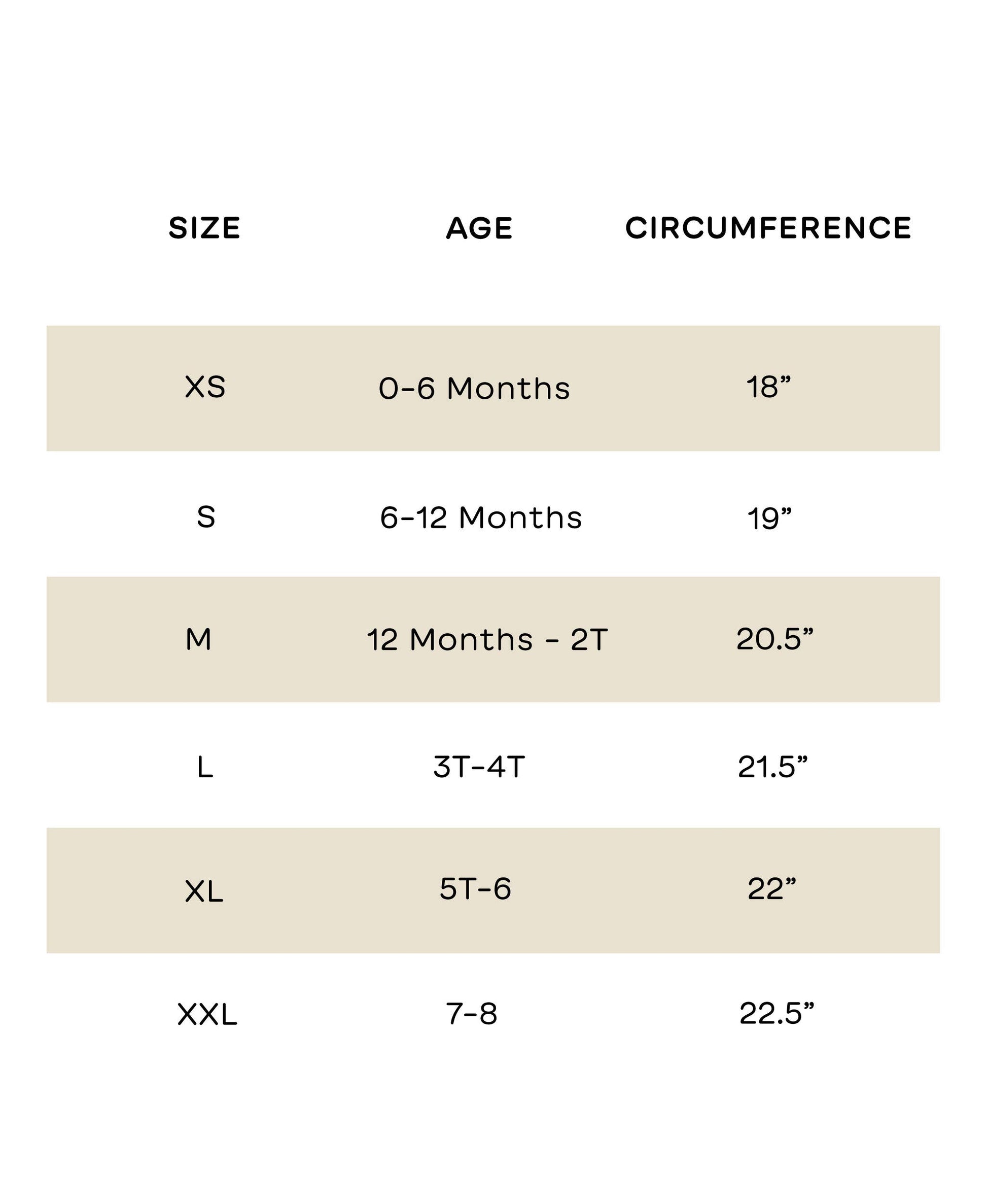 Size chart for children's clothing with size, age, and circumference measurements.