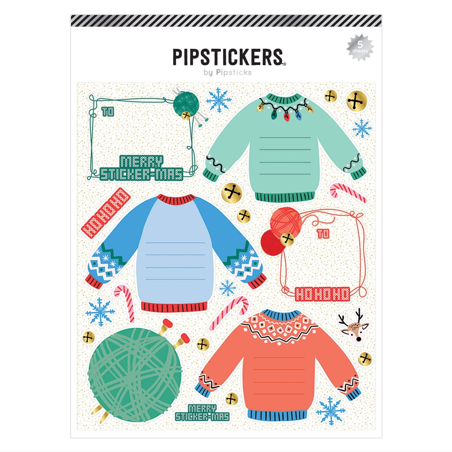PipStickers packaging with Christmas-themed stickers including sweaters and festive elements.