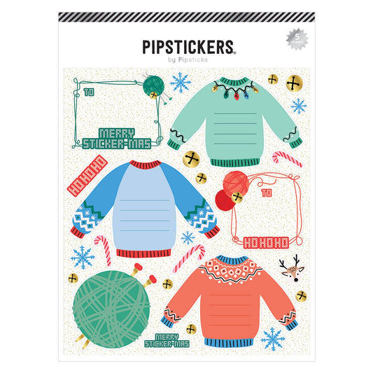 PipStickers packaging with Christmas-themed stickers including sweaters and festive elements.