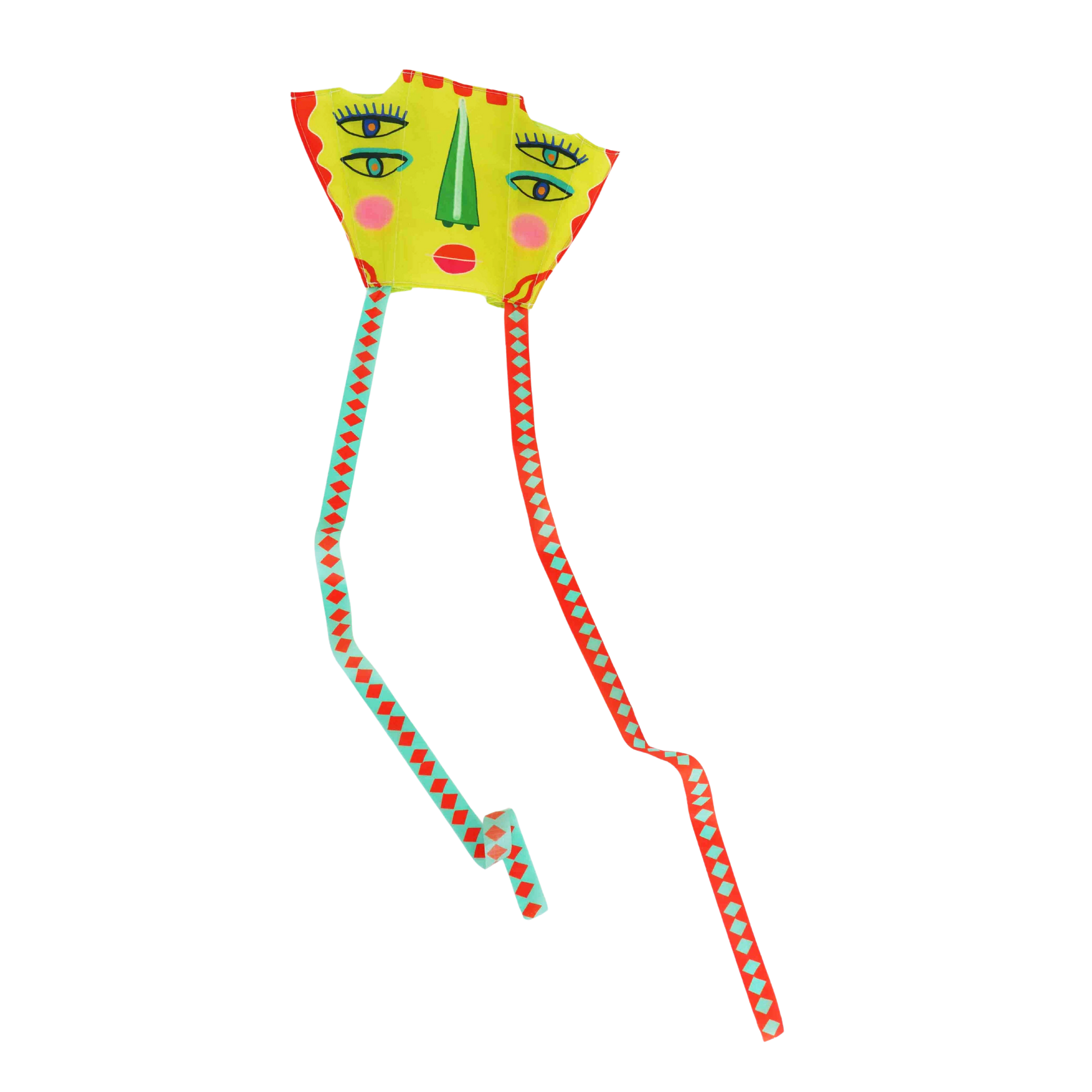 Colorful kite with abstract face design on a white background