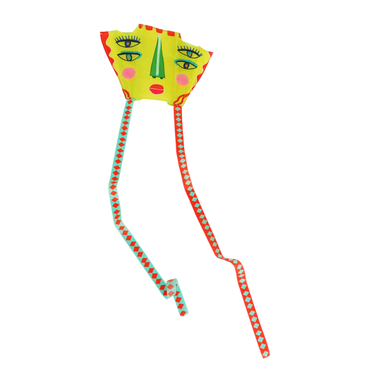 Colorful kite with abstract face design on a white background