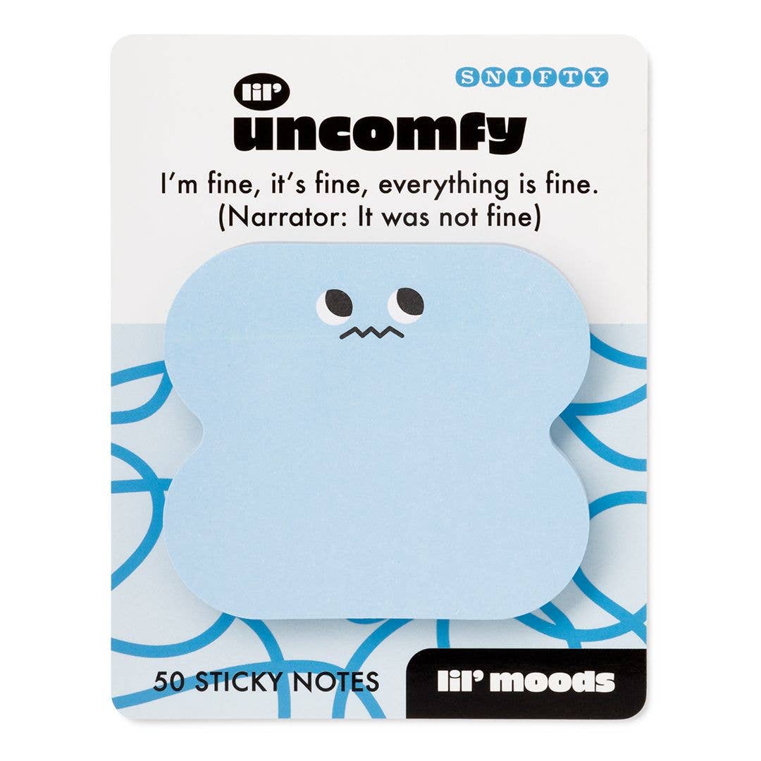 A package of lil' moods 'uncomfy' sticky notes, featuring a light blue, cloud-shaped note with a sad face on a white backing card with blue patterns.