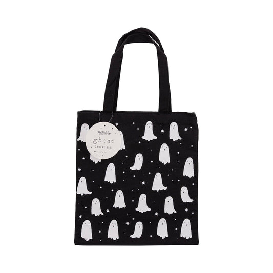Black tote bag with white ghost pattern on a white background