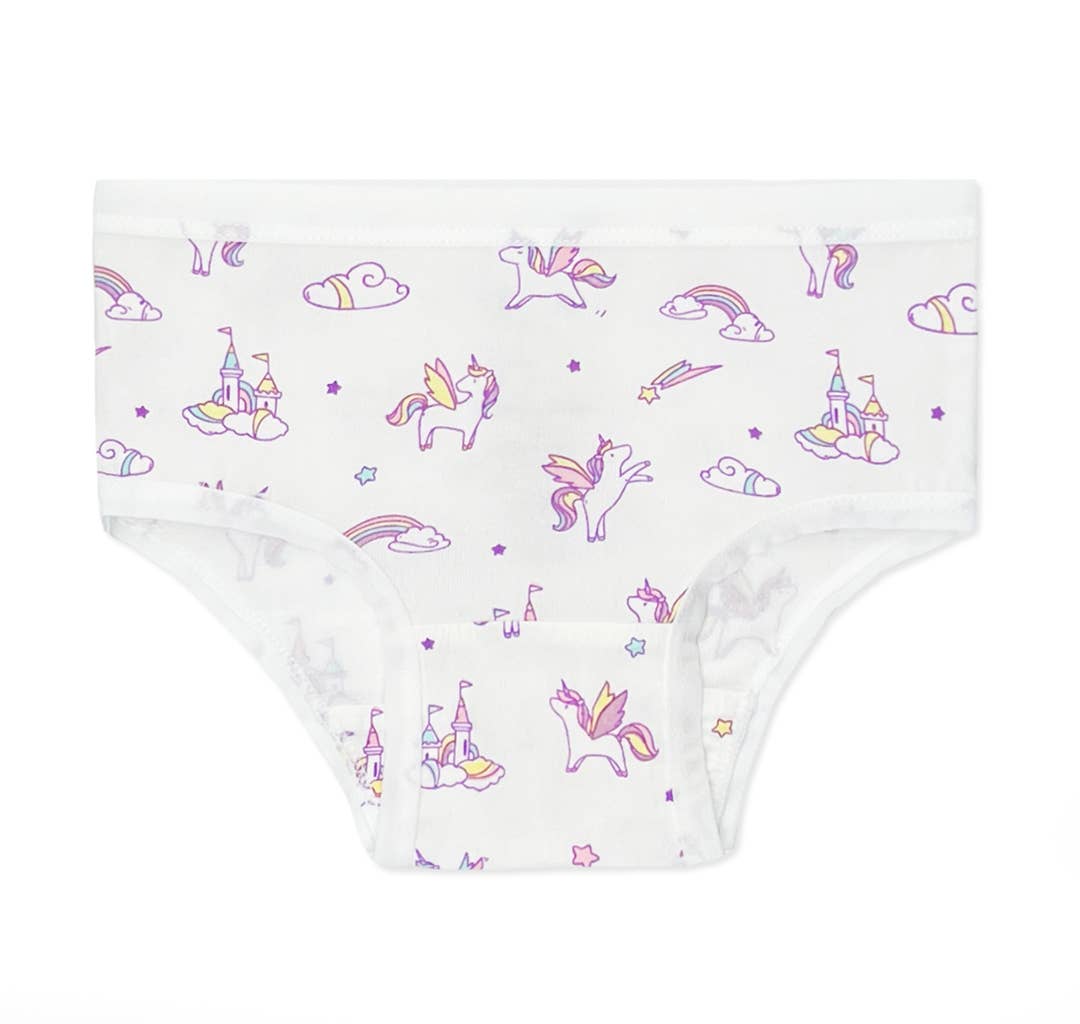 White underwear with unicorn and castle pattern on a white background