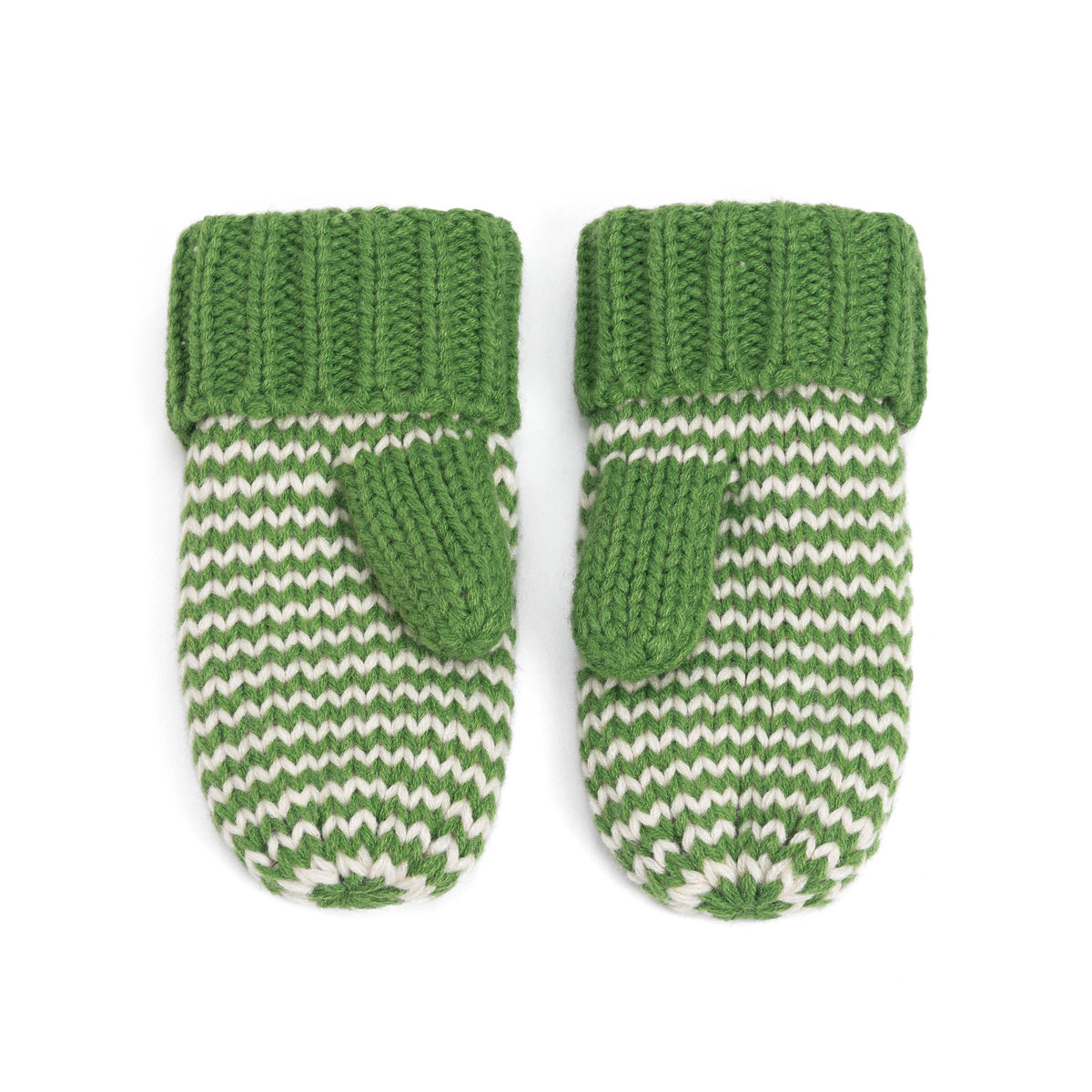 A pair of green and off-white knit baby mittens with ribbed cuffs and integrated thumb pockets, shown flat on a white background.