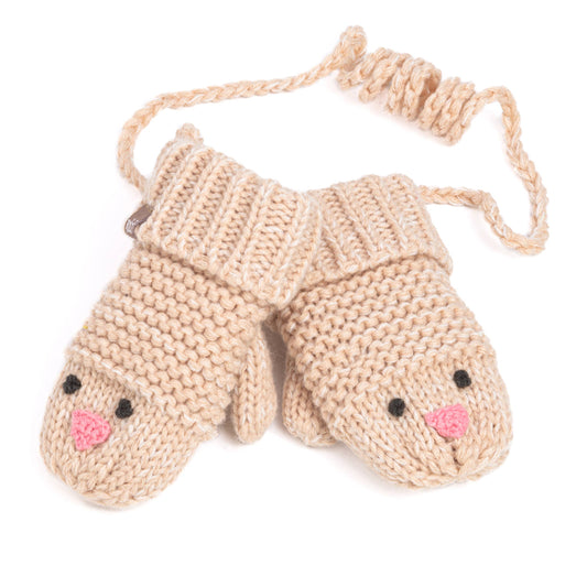Knitted baby mittens with a face design on a white background