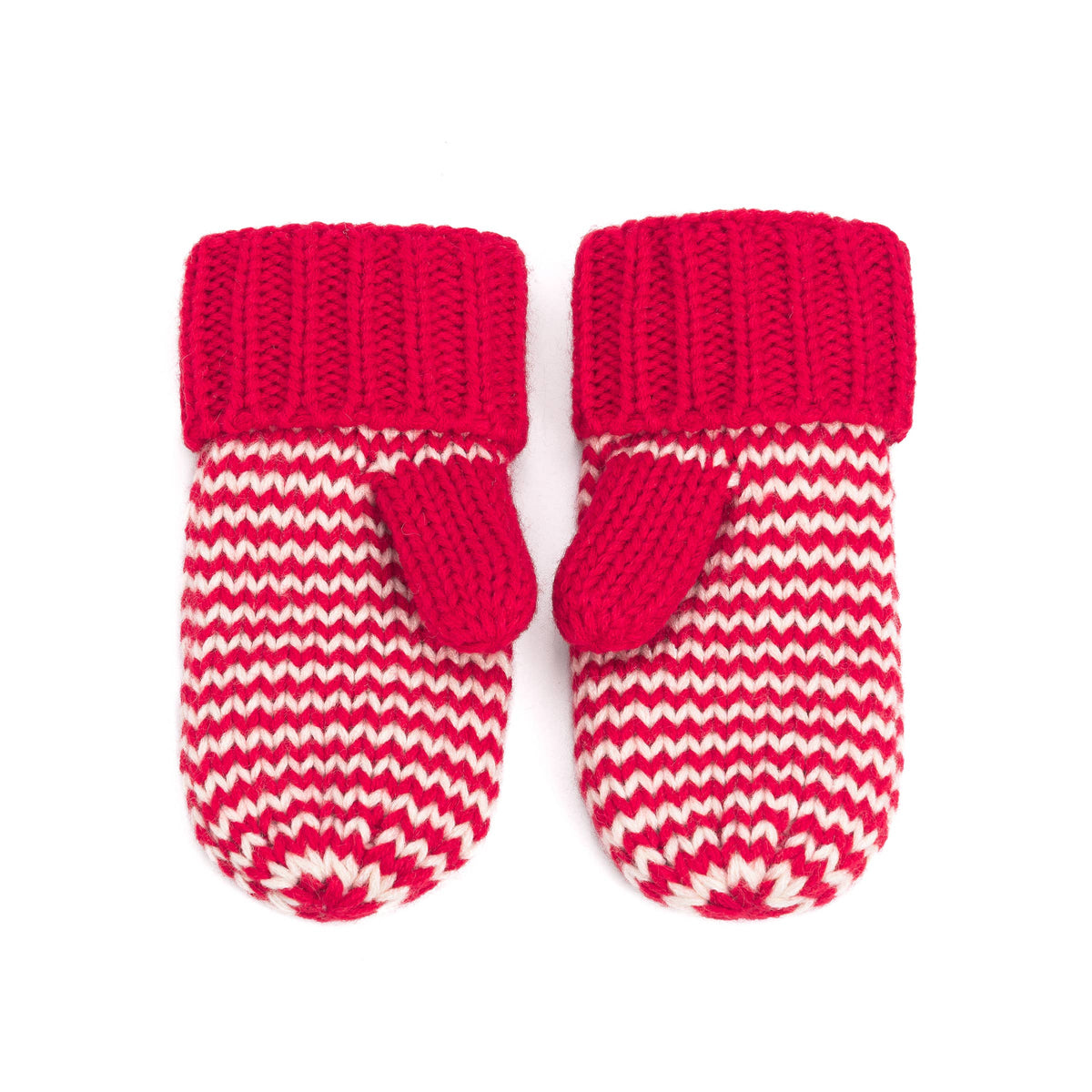 A pair of hand-knit baby mittens in vibrant pink and white, featuring chevron patterns on the body and solid pink ribbed cuffs with matching pink mitten pockets.