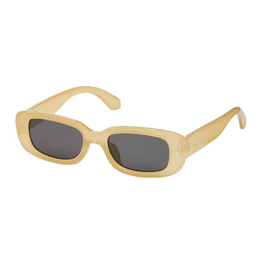 Beige sunglasses with dark lenses on a white background