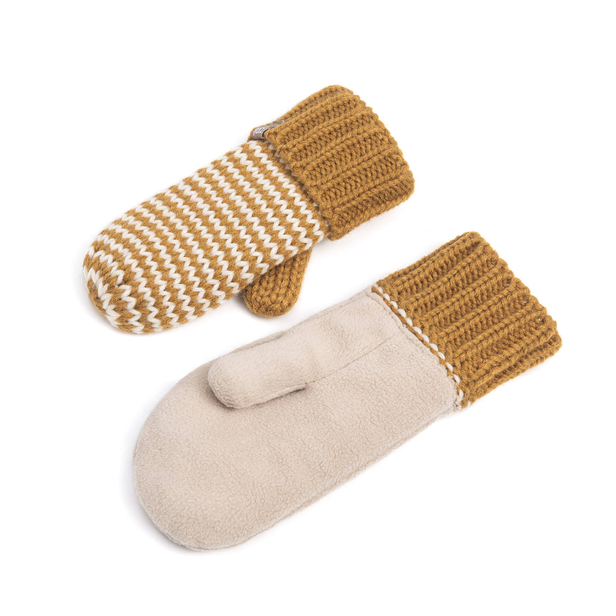 A pair of knit and suede winter mittens on a white background. One mitten features a brown and cream striped knit body with a brown cuff, and the other is solid beige suede with a matching brown cuff.