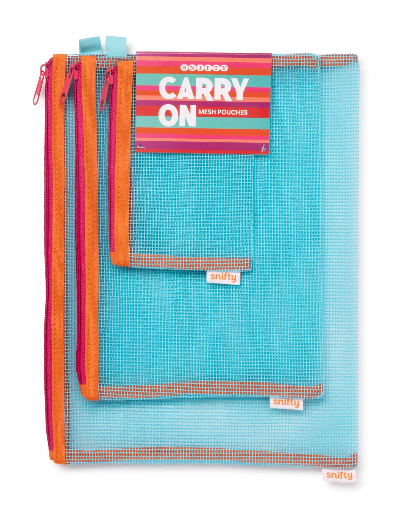 Set of mesh pouches with colorful zippers and 'Carry On' label on a white background