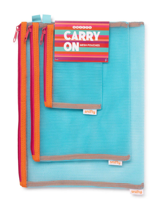 Set of mesh pouches with colorful zippers and 'Carry On' label on a white background
