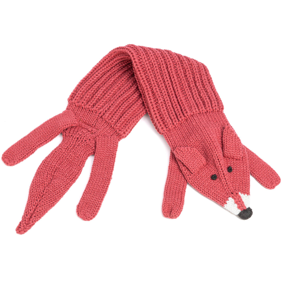 Red knitted scarf shaped like a fox on a white background
