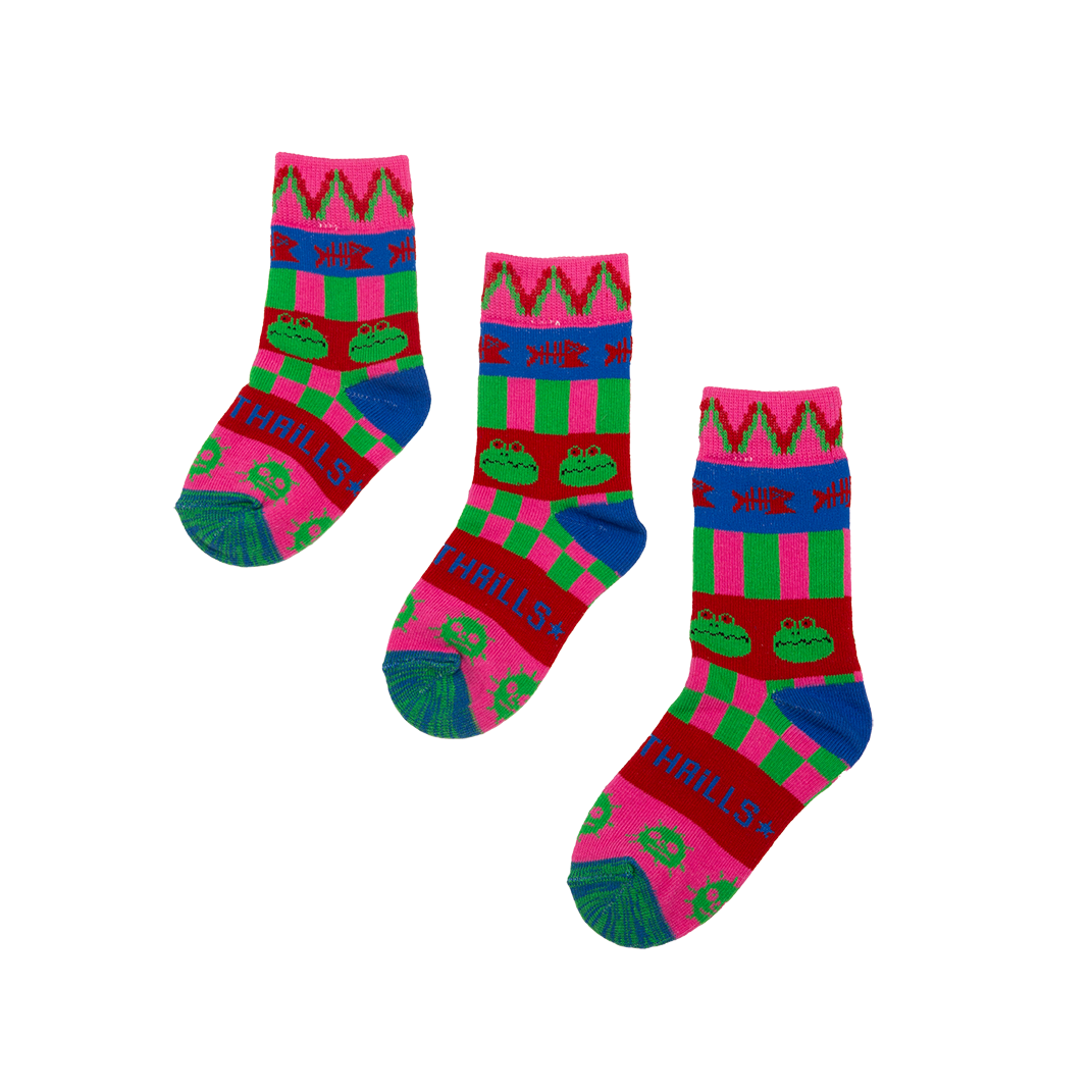 Three colorful patterned socks on a white background