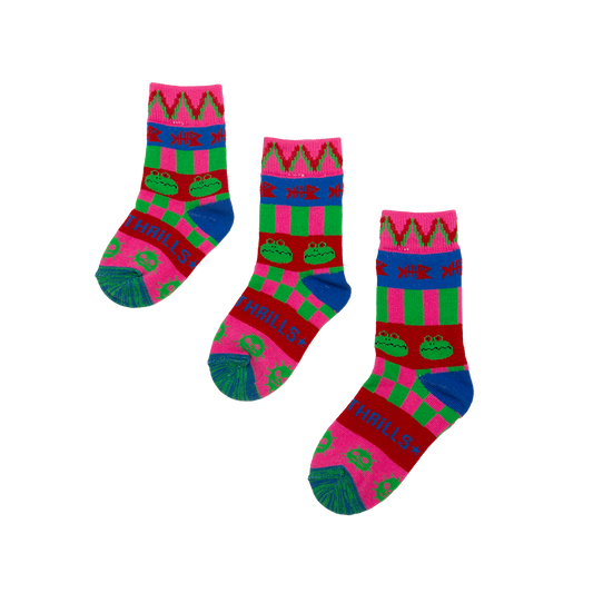 Three colorful patterned socks on a white background