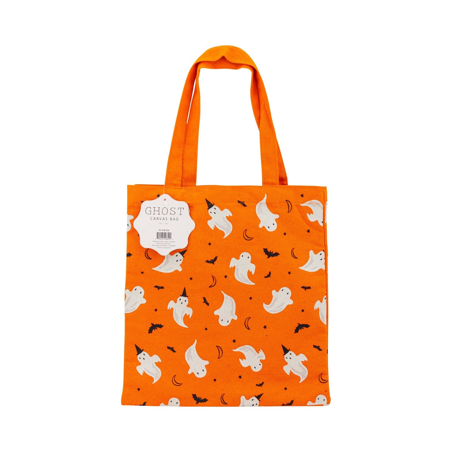 Orange tote bag with ghost pattern on a white background