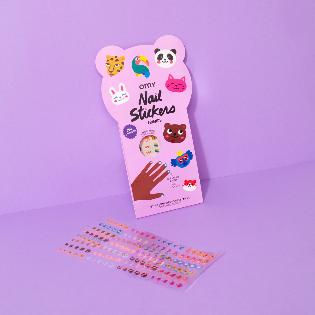 Pink packaging of nail stickers with various designs on a purple background