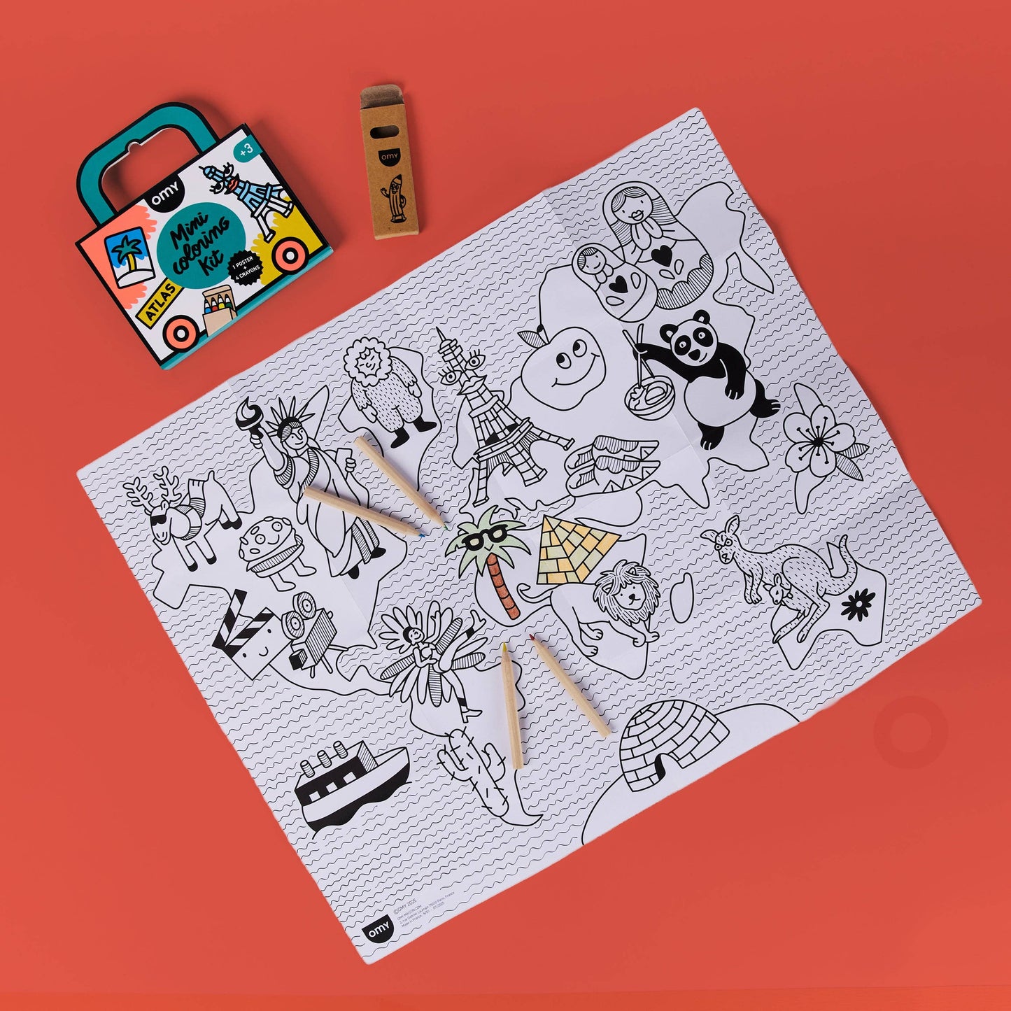 Coloring sheet with black line art on a red background, featuring Omy Mimi Coloring Kit packaging on a red background