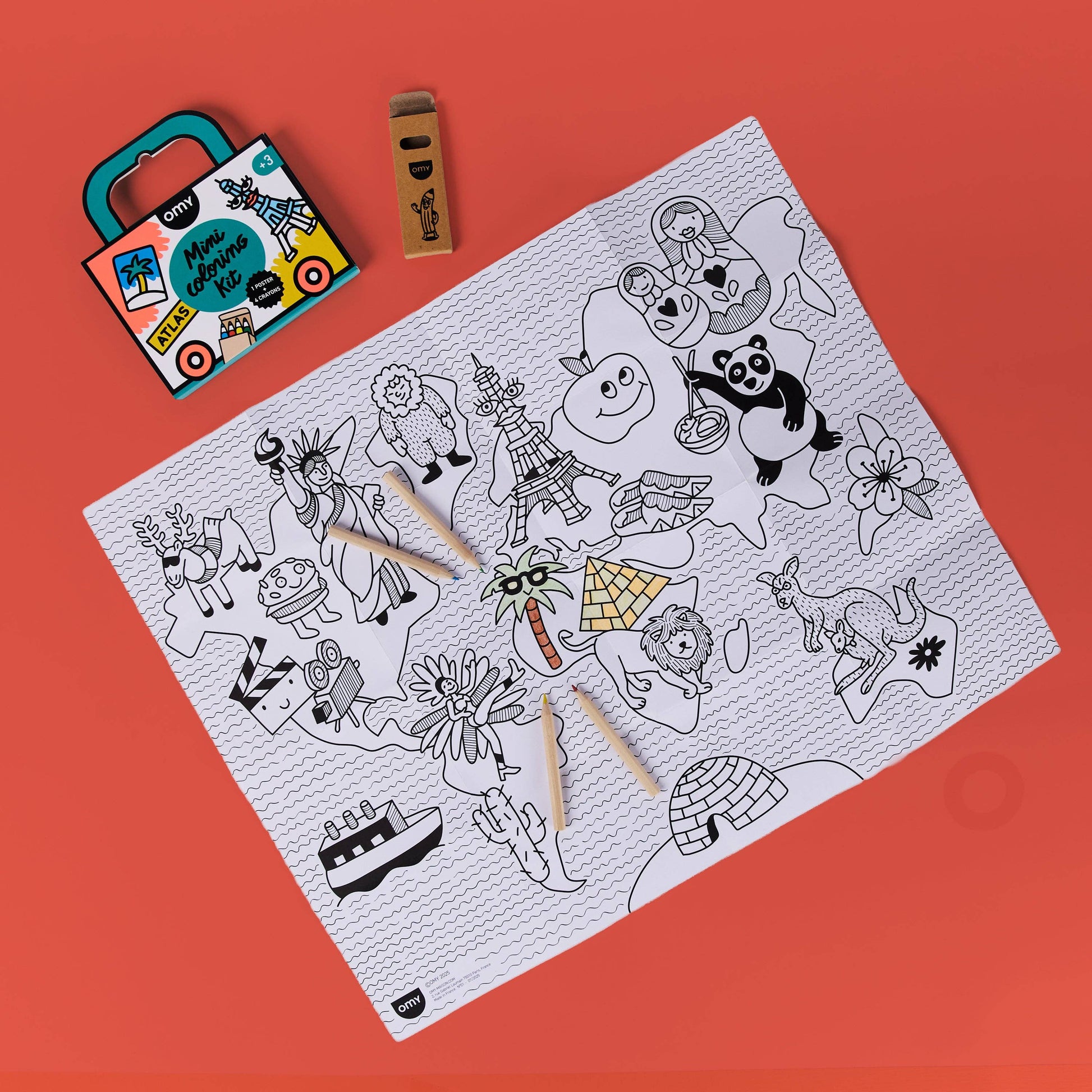 Coloring sheet with black line art on a red background, featuring Omy Mimi Coloring Kit packaging on a red background