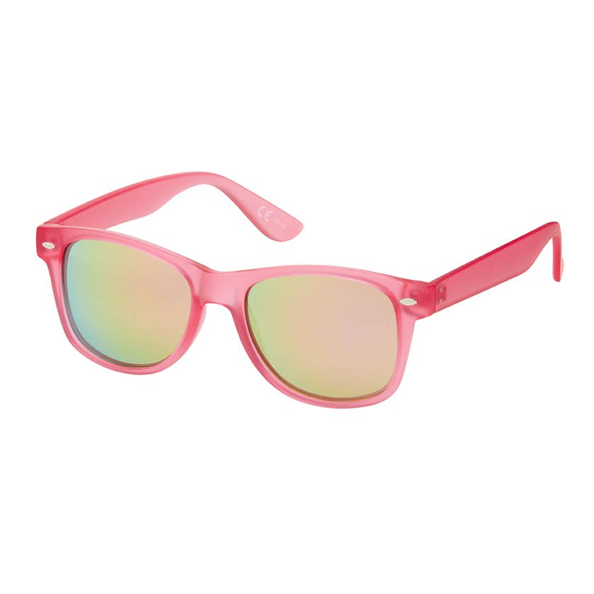 Pink sunglasses with reflective lenses on a white background