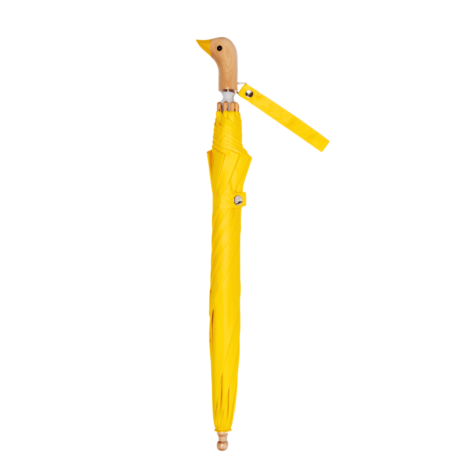 Yellow umbrella with wooden handle on a white background