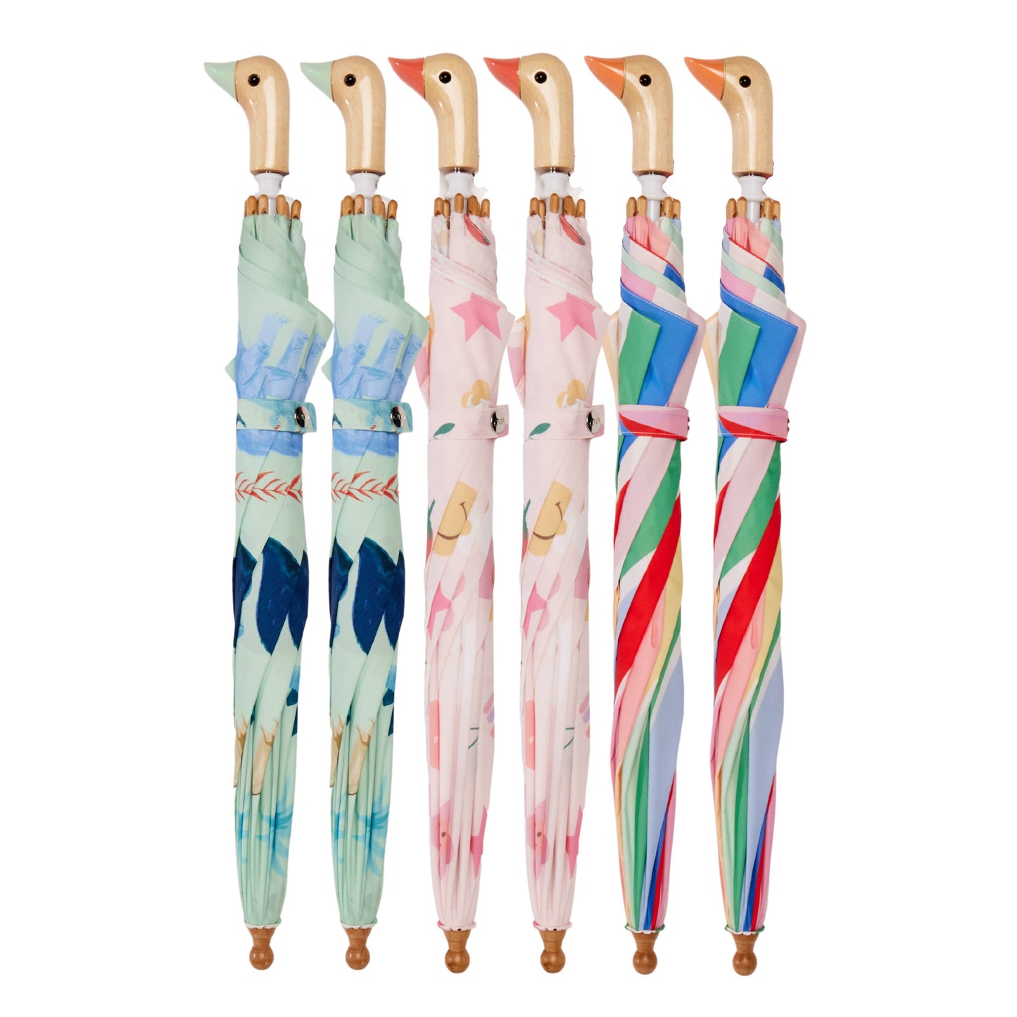 Set of four colorful umbrellas with bird handles on a white background