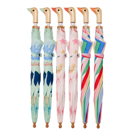Set of four colorful umbrellas with bird handles on a white background