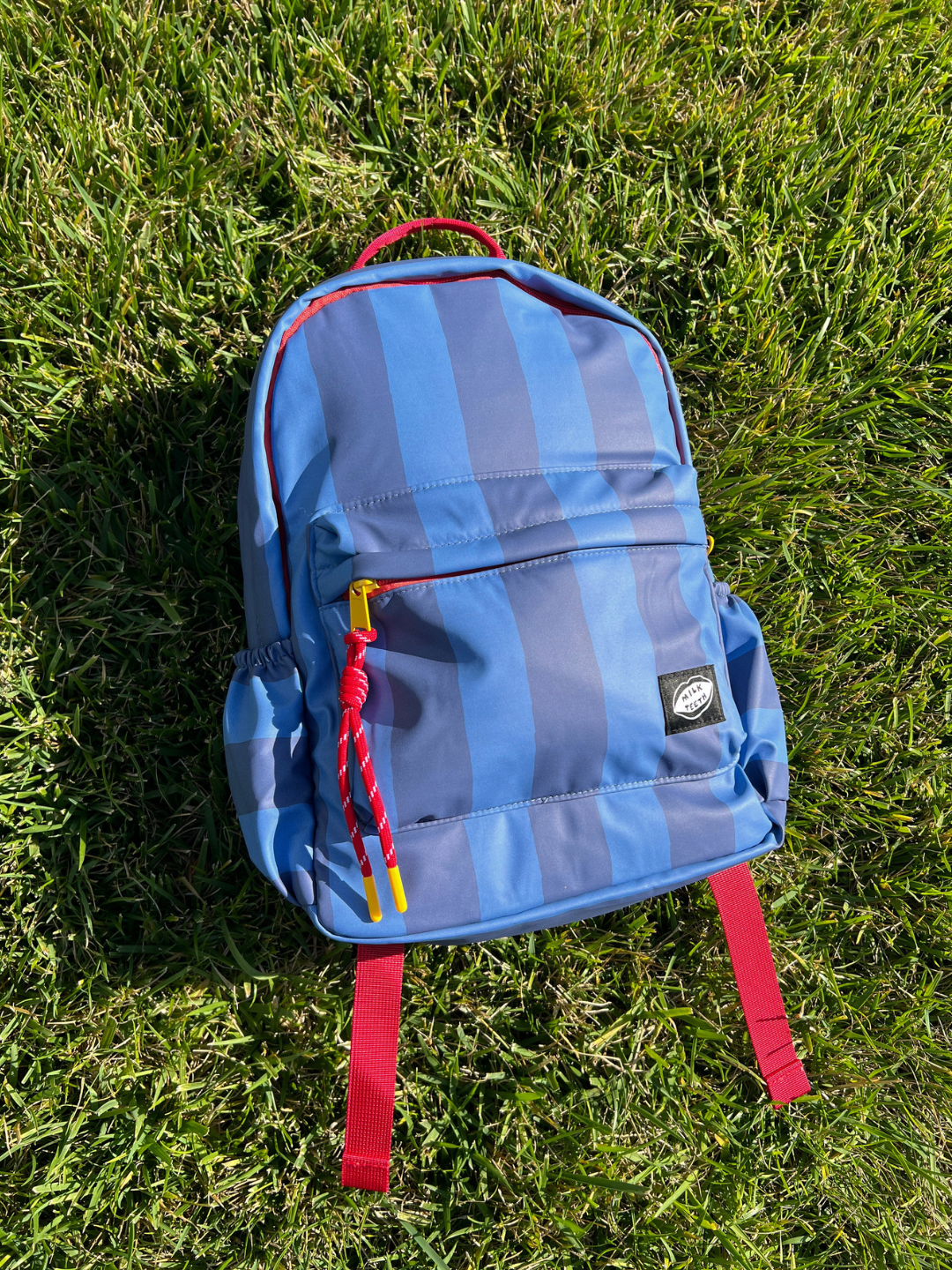 A blue striped backpack with red straps and zipper pulls, placed on a green grass lawn.