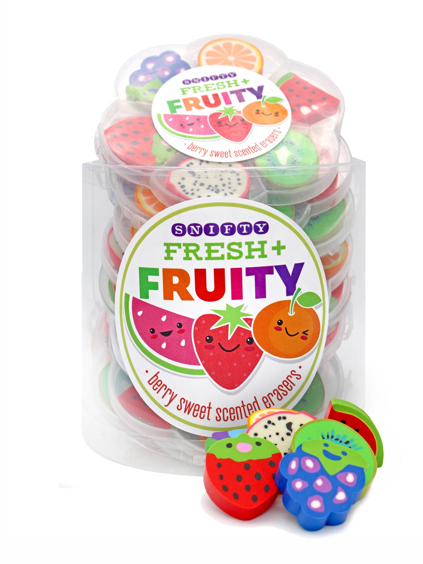 Pack of fresh fruity scented erasers with colorful packaging on a white background