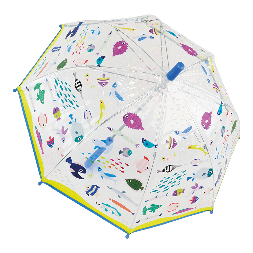 Children's umbrella with colorful fish pattern on a white background