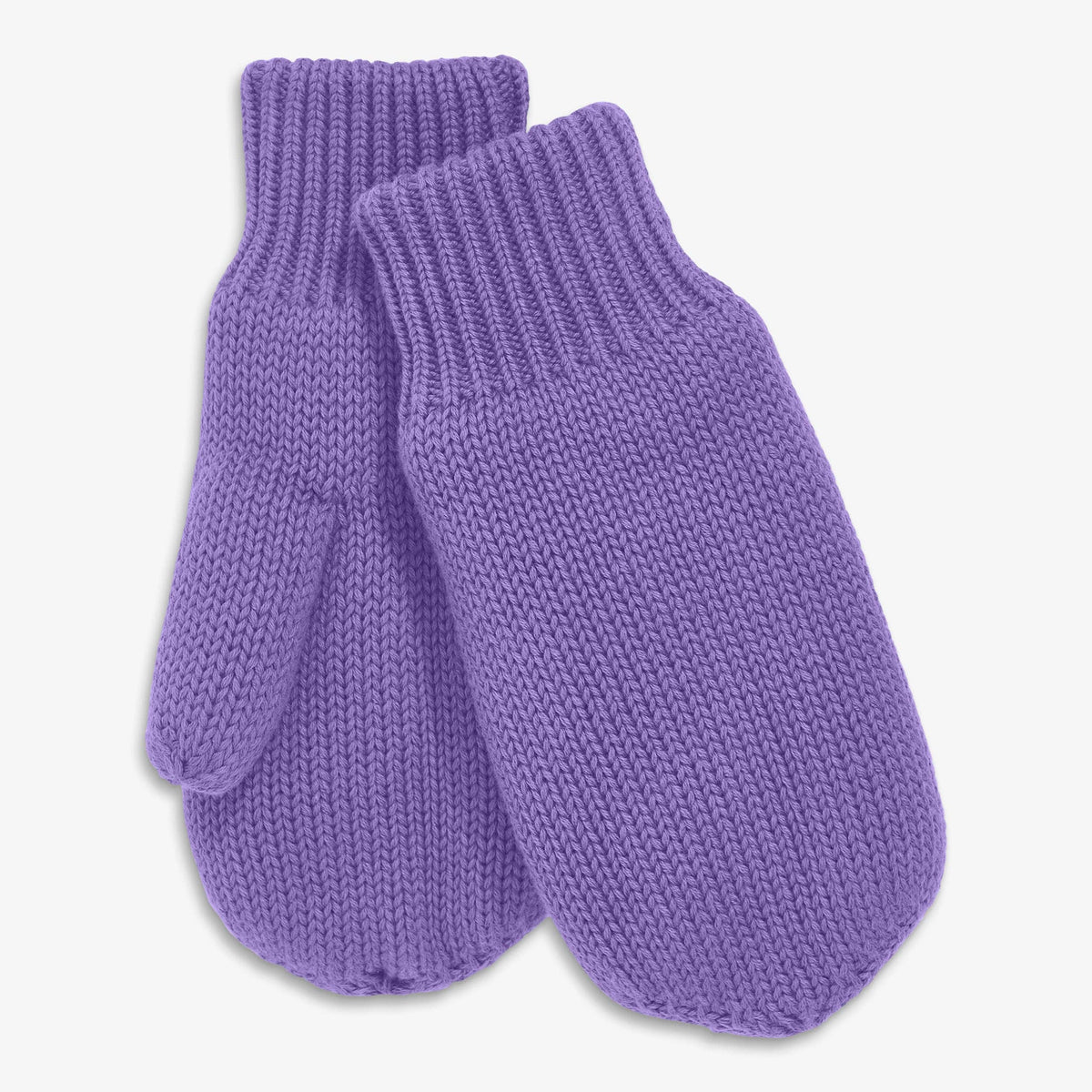 A pair of purple knit mittens with ribbed cuffs, displayed on a clean off-white background.