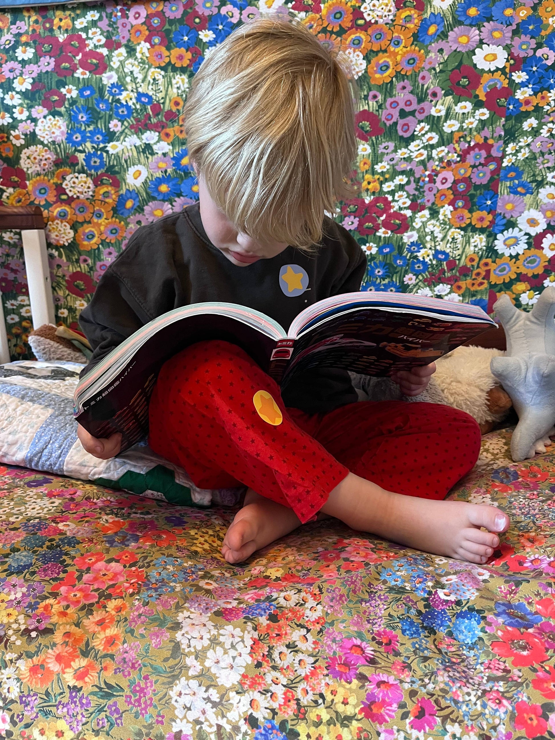 Child reading a book in front of a colorful floral wall.