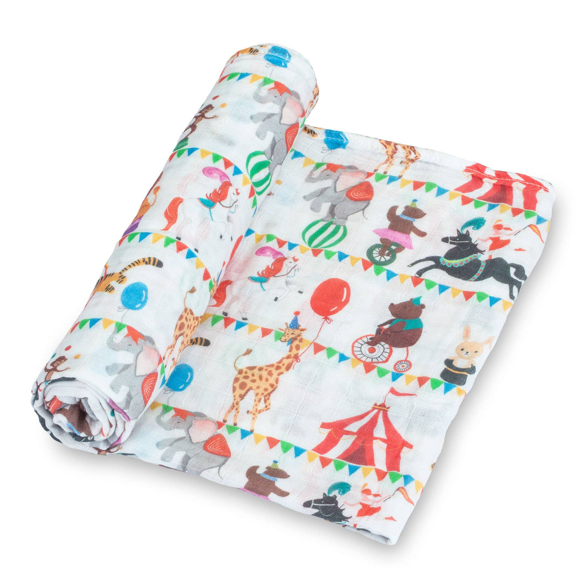 Rolled-up fabric with circus-themed pattern on a white background
