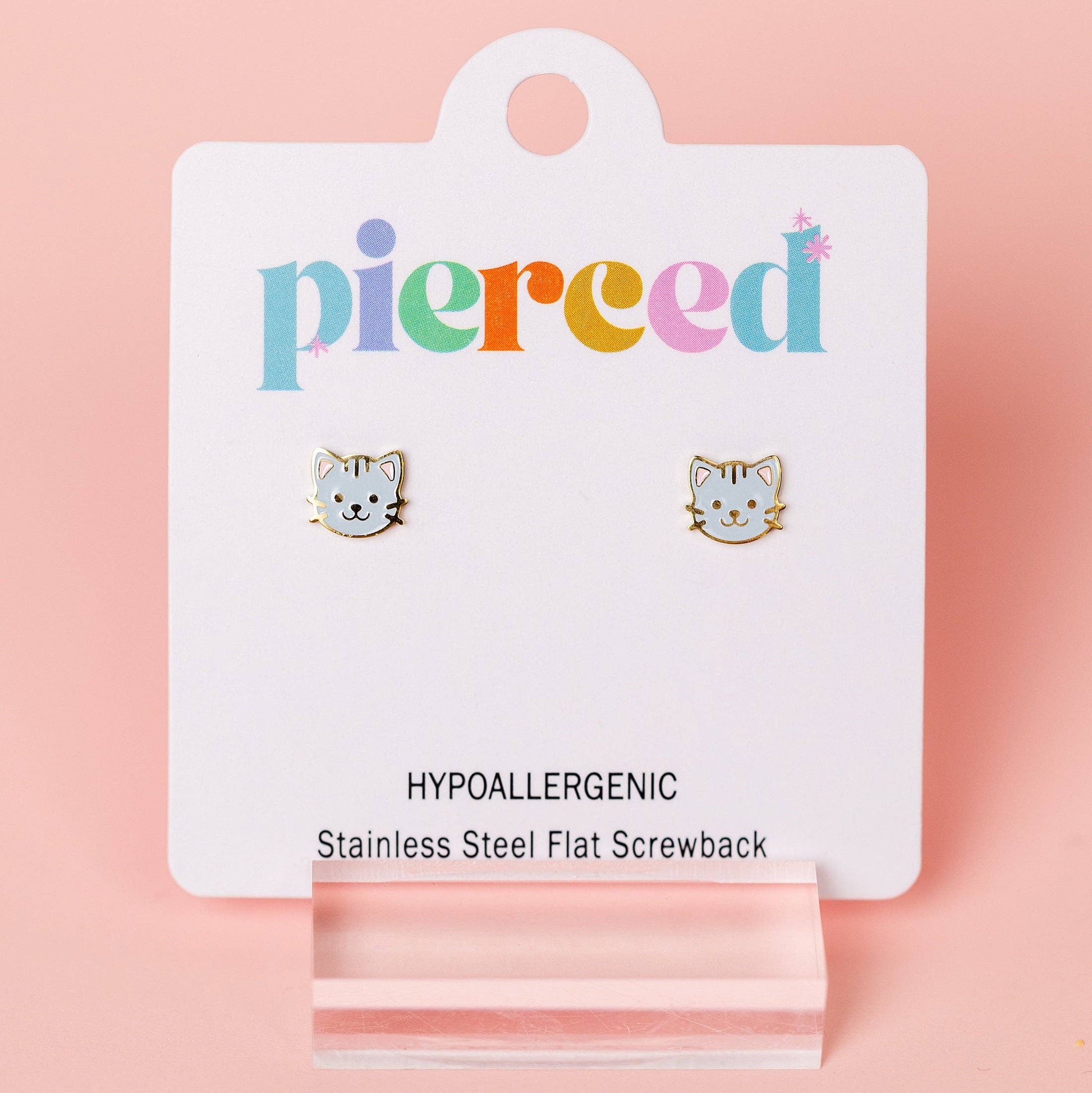 Gray car stud earrings on a branded card
