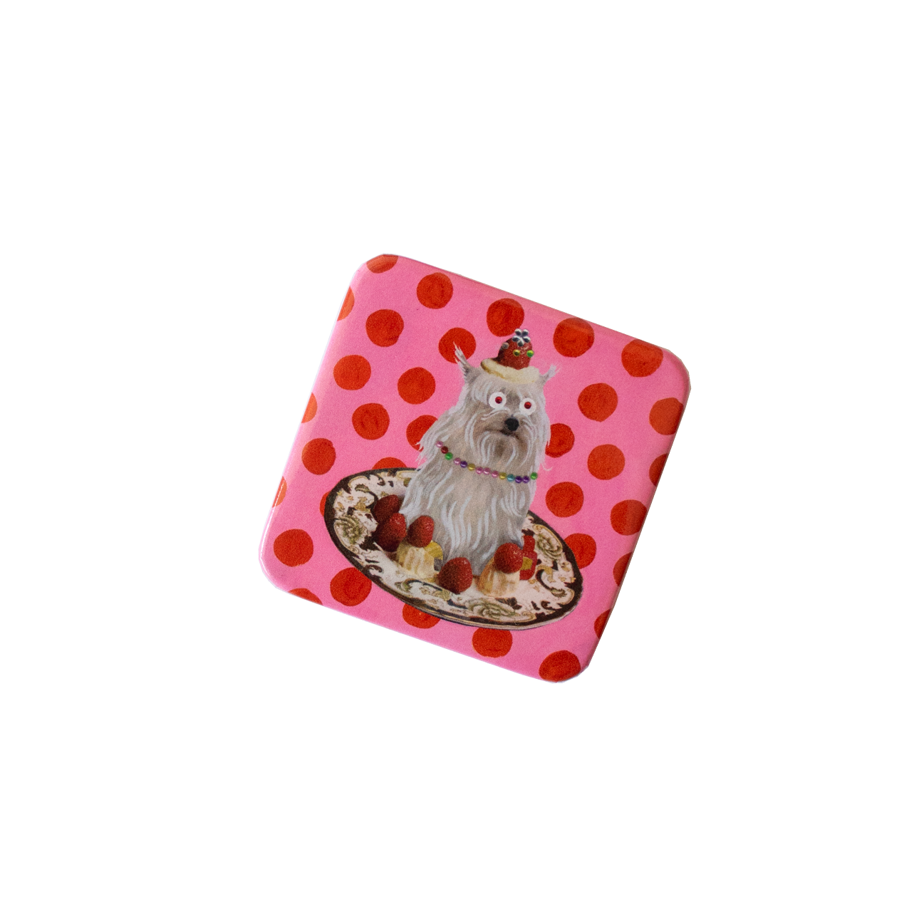 Small pinback button object with a cartoon dog design on a pink background with red polka dots